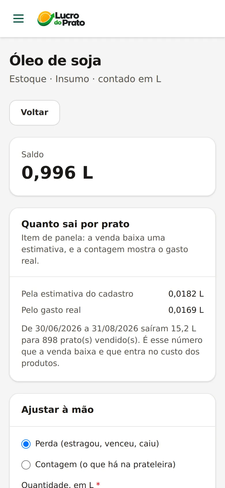 Tela de estoque do óleo com o gasto real por prato