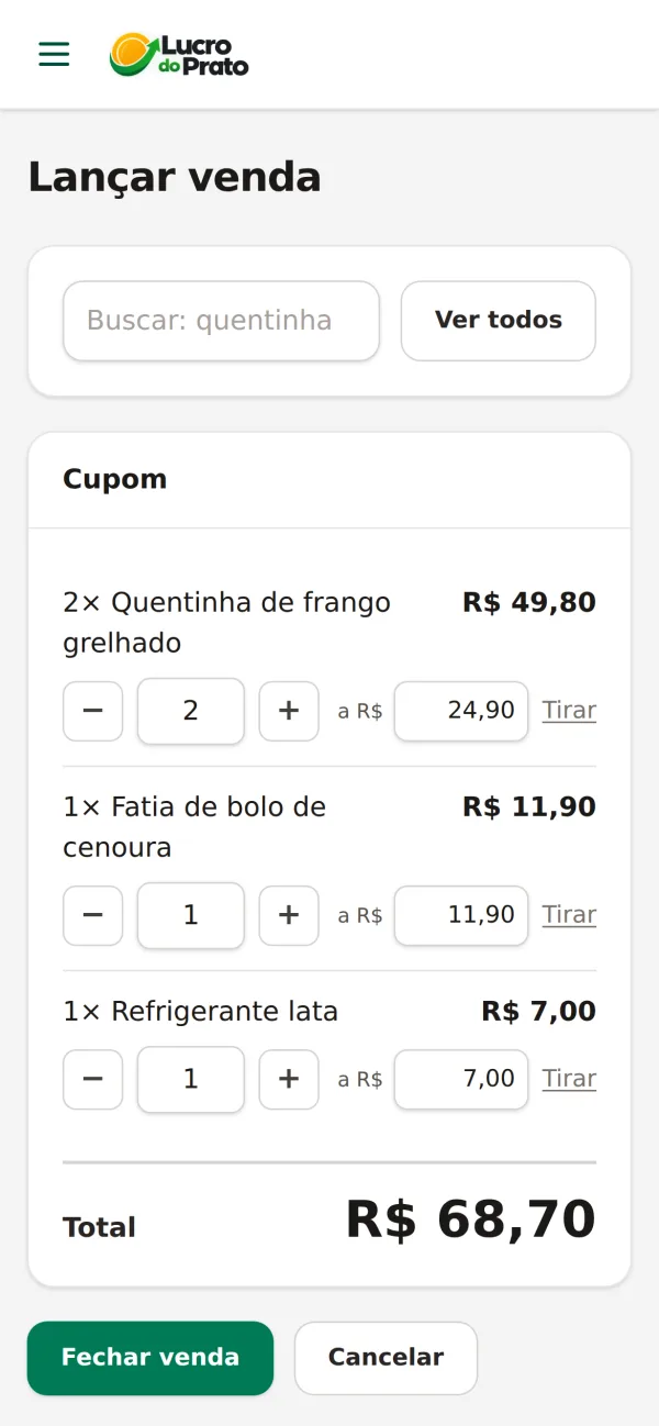 Tela Caixa do Lucro do Prato
