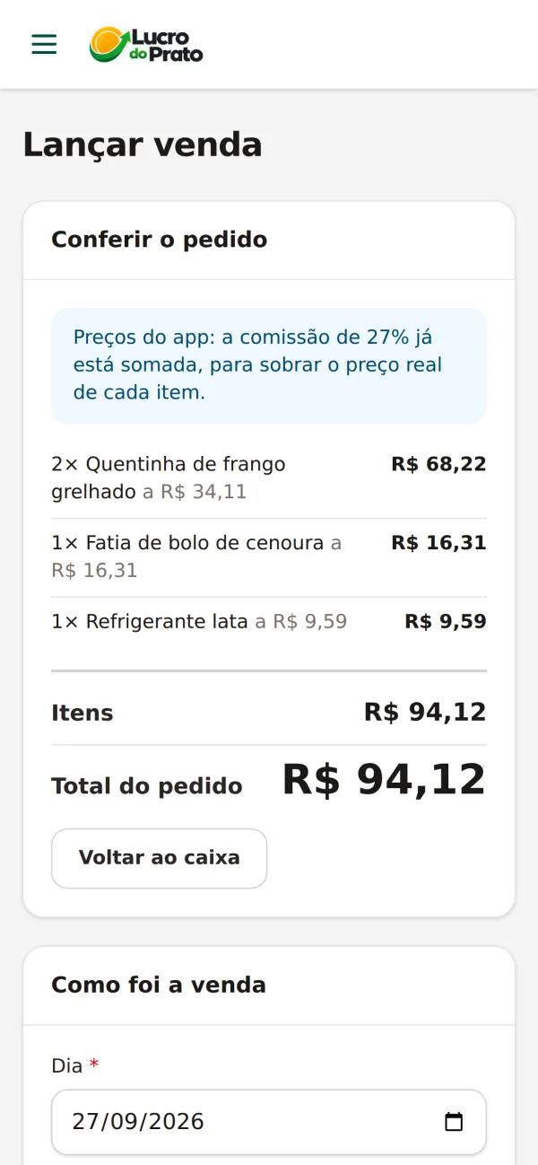 Tela Venda no app do Lucro do Prato