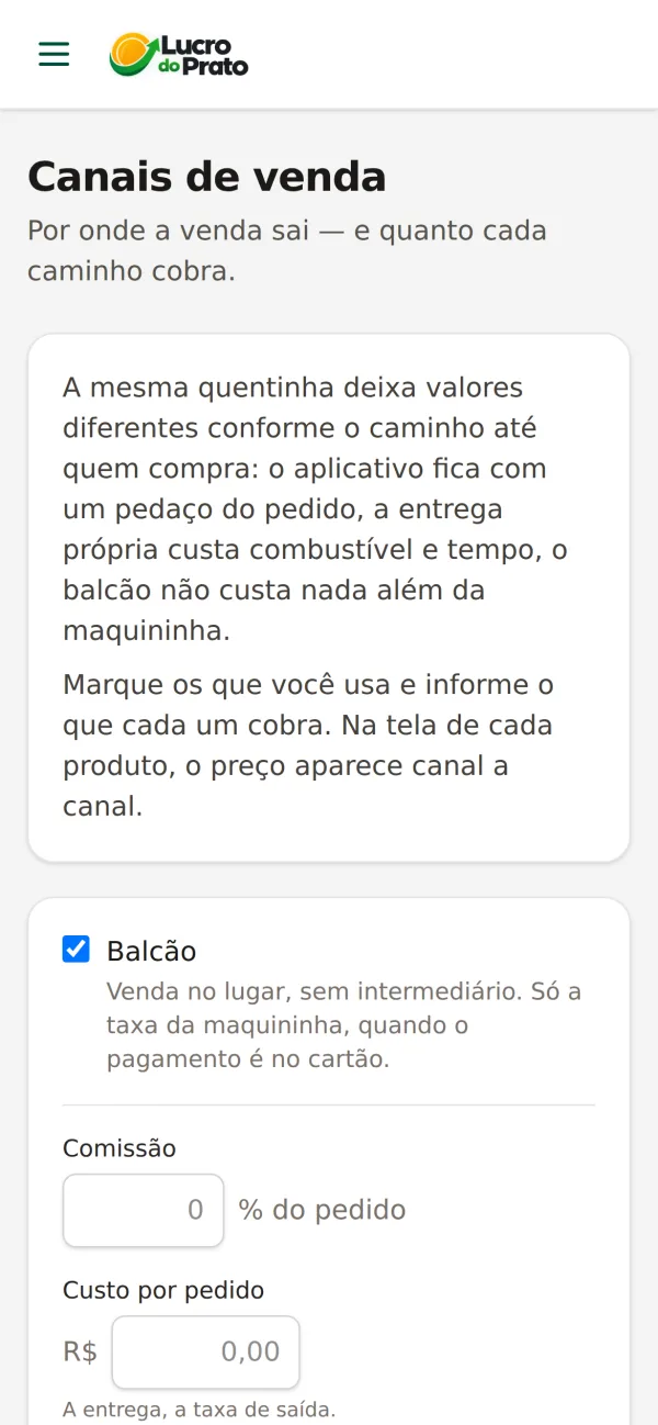 Tela Canais de venda do Lucro do Prato