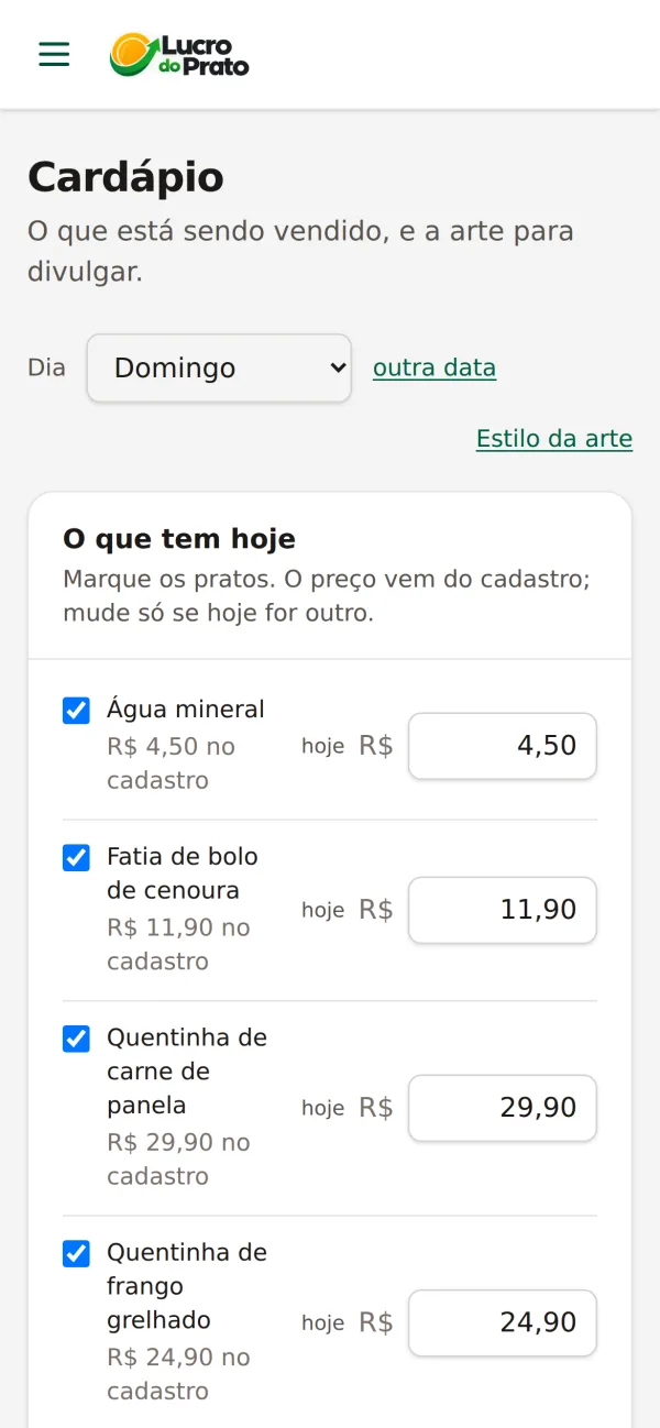 Tela Cardápio do dia do Lucro do Prato