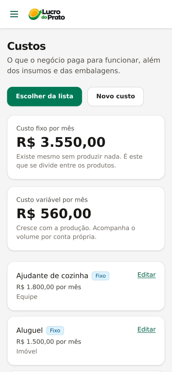 Tela Custos do mês do Lucro do Prato